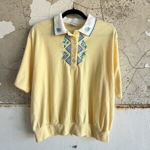 Vintage Yellow Floral Embroidered Polo Shirt Gingham Detail Cottagecore Retro
